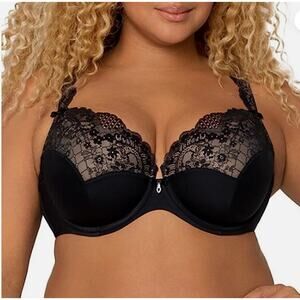 Curvy Couture Size 34DD Black Tulip Lace Push Up Underwire Balconette Bra D1017